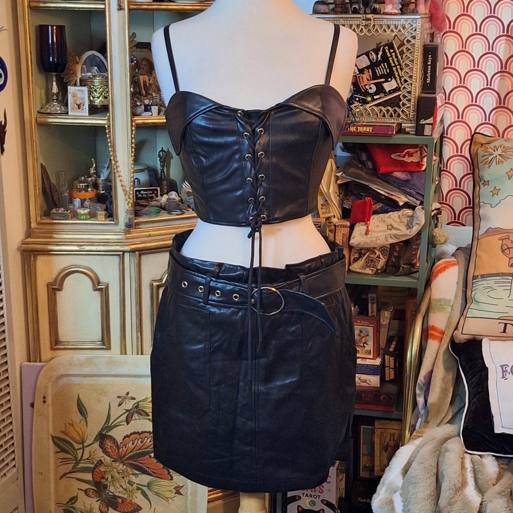Black Pleather Vegan Leather Corset Top and Skirt Set Small/Medium